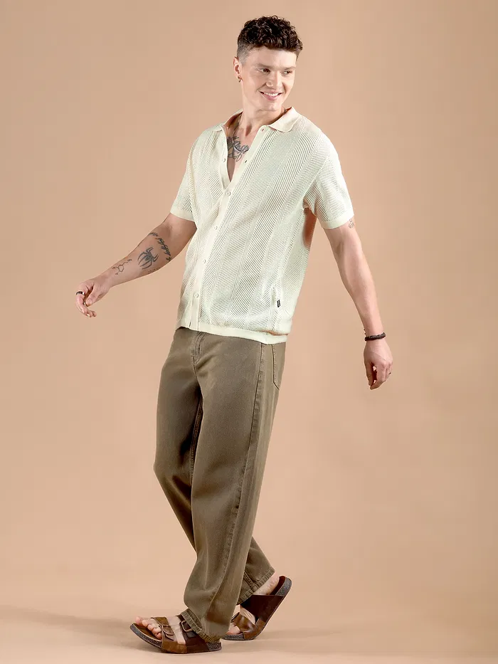 Cream Half-Sleeves Knitted Mens Shirt